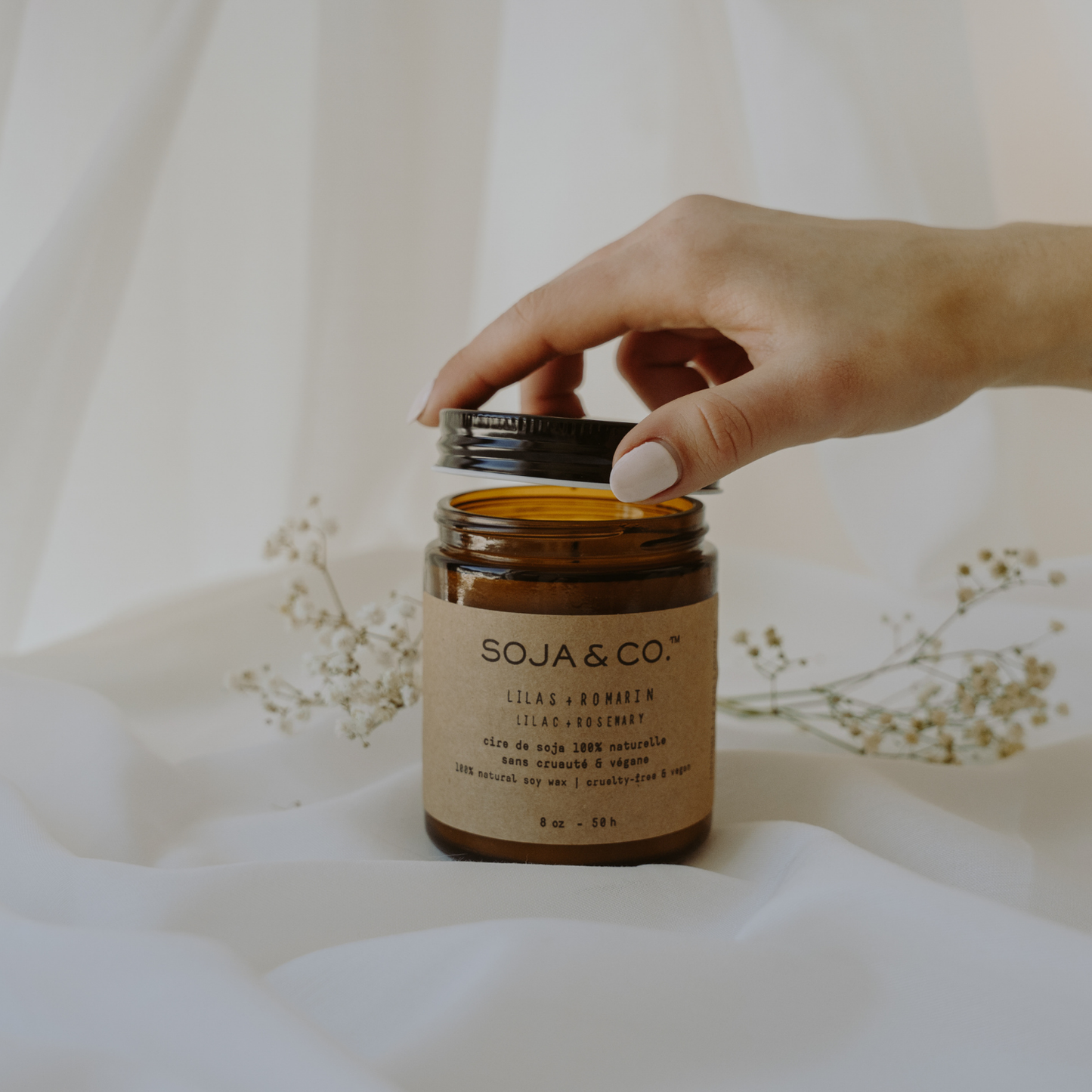 Soy Wax Candle | Lilac + Rosemary: 8oz - Cotton Wick