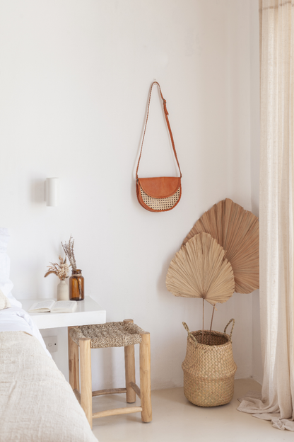 Raja Leather and Cane Crossbody Bag: Black