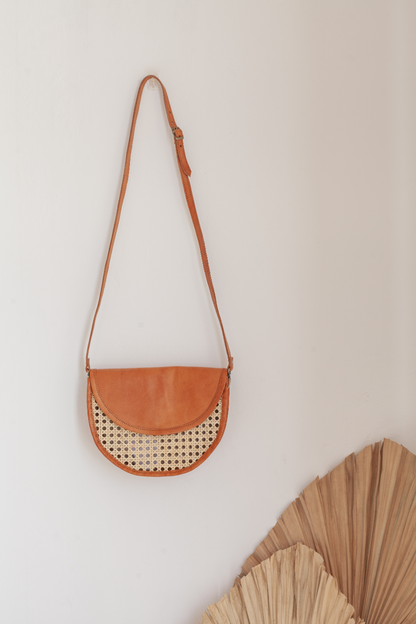 Raja Leather and Cane Crossbody Bag: Black