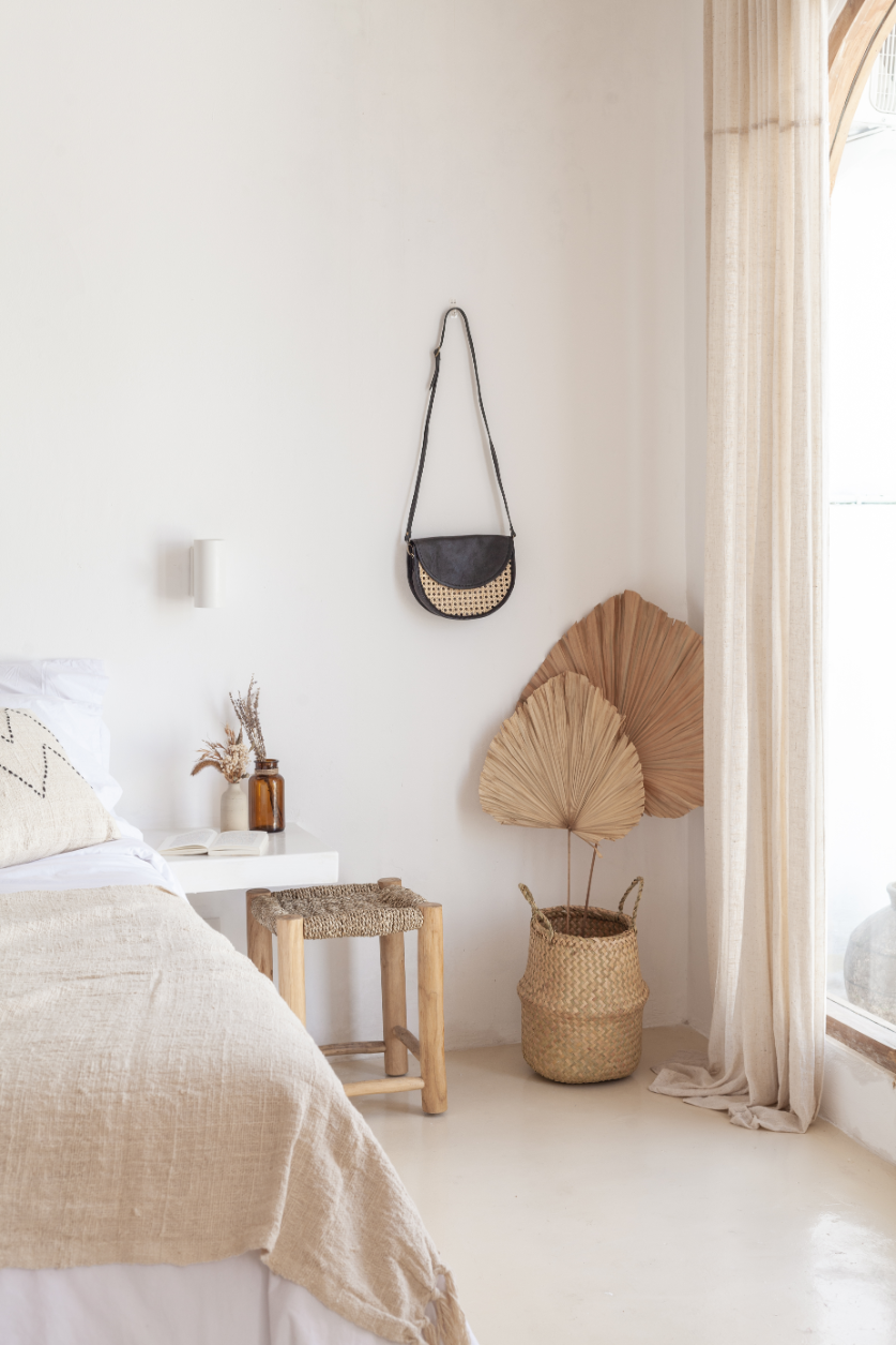 Raja Leather and Cane Crossbody Bag: Black