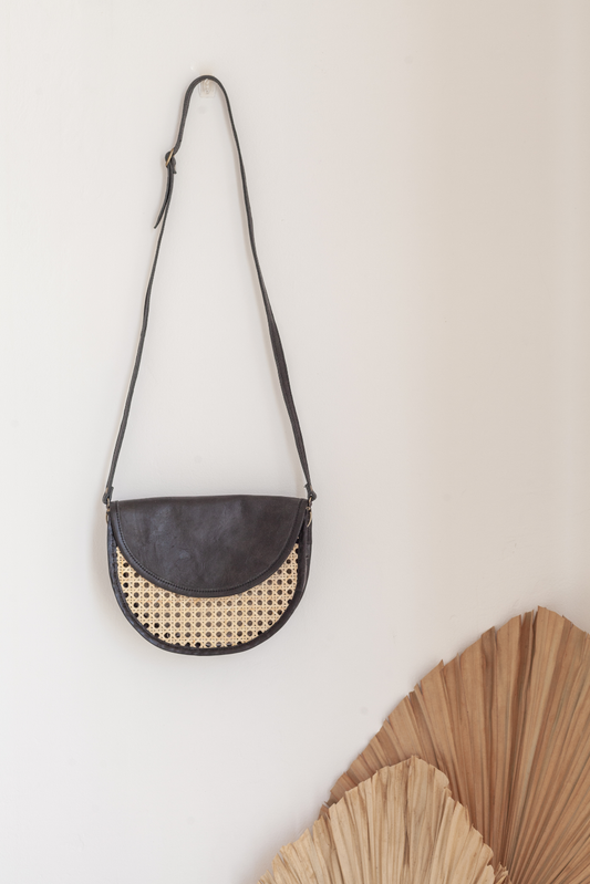 Raja Leather and Cane Crossbody Bag: Black