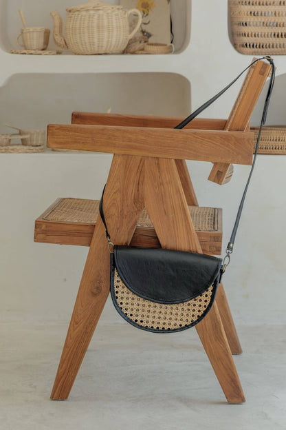 Raja Leather and Cane Crossbody Bag: Black